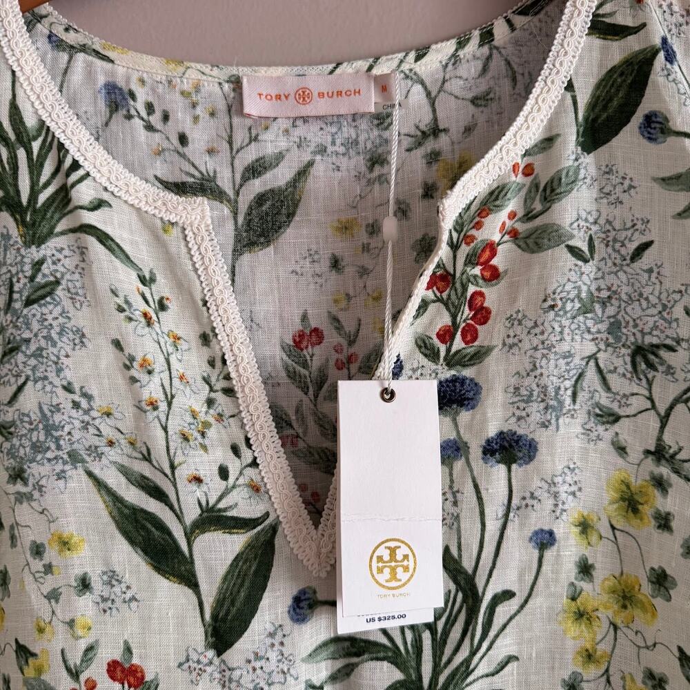 Tory Burch Botanical Print Tomino Dress Linen Coverup Size Medium $325 New - Picture 2 of 9